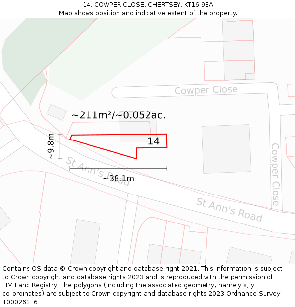 14, COWPER CLOSE, CHERTSEY, KT16 9EA: Plot and title map
