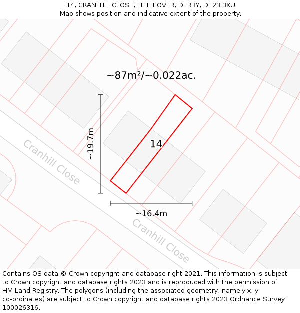 14, CRANHILL CLOSE, LITTLEOVER, DERBY, DE23 3XU: Plot and title map
