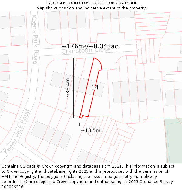 14, CRANSTOUN CLOSE, GUILDFORD, GU3 3HL: Plot and title map