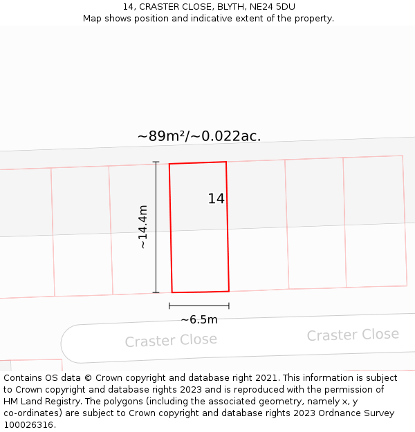 14, CRASTER CLOSE, BLYTH, NE24 5DU: Plot and title map