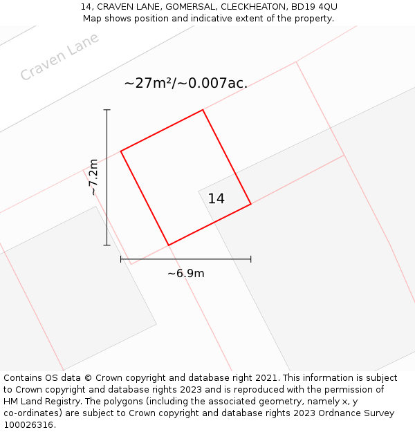 14, CRAVEN LANE, GOMERSAL, CLECKHEATON, BD19 4QU: Plot and title map