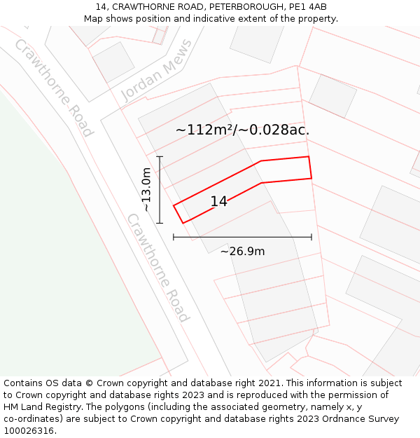 14, CRAWTHORNE ROAD, PETERBOROUGH, PE1 4AB: Plot and title map
