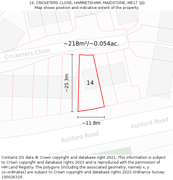 14, CRICKETERS CLOSE, HARRIETSHAM, MAIDSTONE, ME17 1JQ: Plot and title map