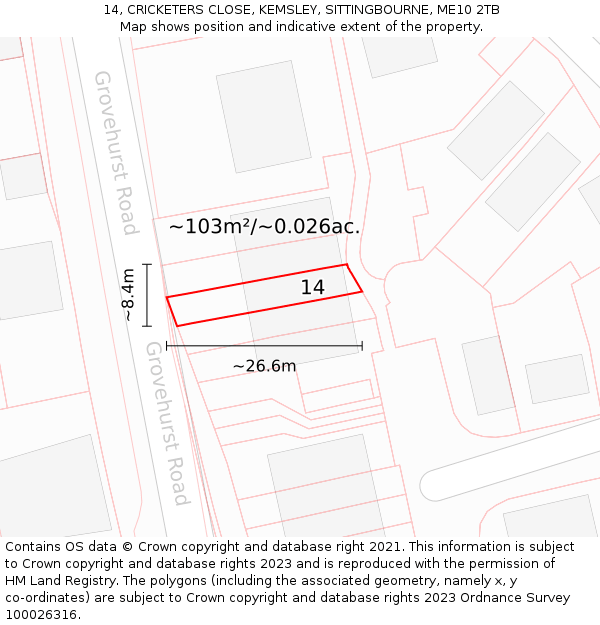 14, CRICKETERS CLOSE, KEMSLEY, SITTINGBOURNE, ME10 2TB: Plot and title map
