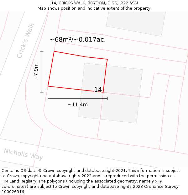14, CRICKS WALK, ROYDON, DISS, IP22 5SN: Plot and title map