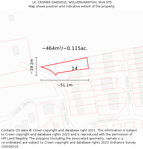 14, CROMER GARDENS, WOLVERHAMPTON, WV6 0TD: Plot and title map