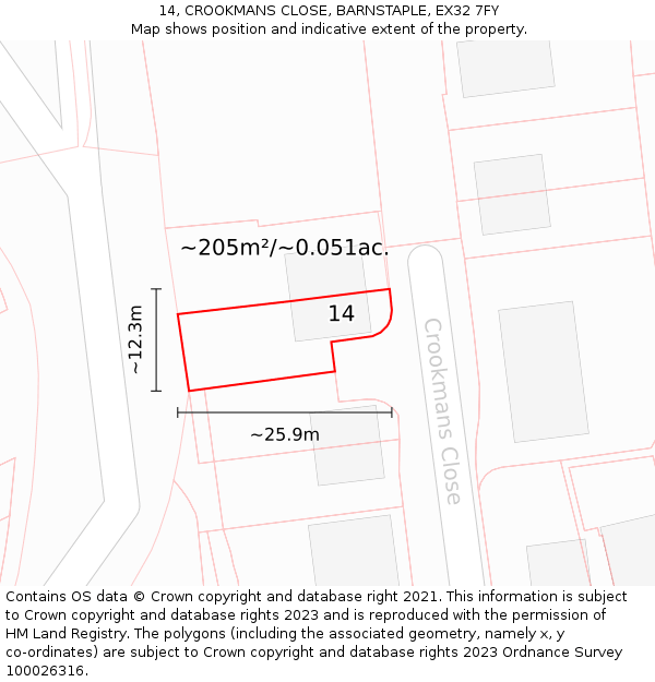 14, CROOKMANS CLOSE, BARNSTAPLE, EX32 7FY: Plot and title map