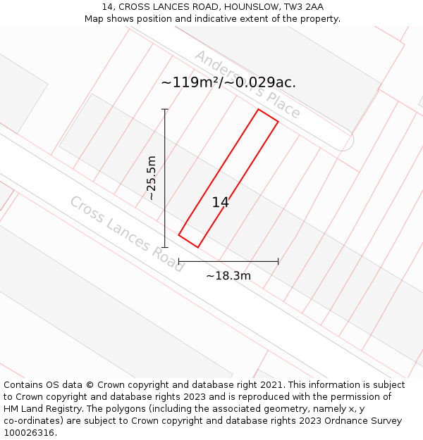 14, CROSS LANCES ROAD, HOUNSLOW, TW3 2AA: Plot and title map