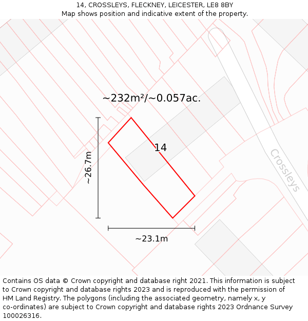 14, CROSSLEYS, FLECKNEY, LEICESTER, LE8 8BY: Plot and title map
