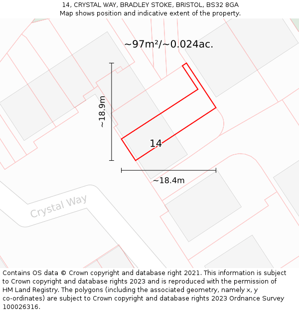 14, CRYSTAL WAY, BRADLEY STOKE, BRISTOL, BS32 8GA: Plot and title map
