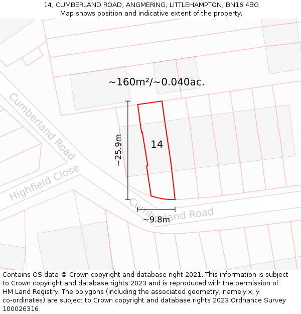 14, CUMBERLAND ROAD, ANGMERING, LITTLEHAMPTON, BN16 4BG: Plot and title map