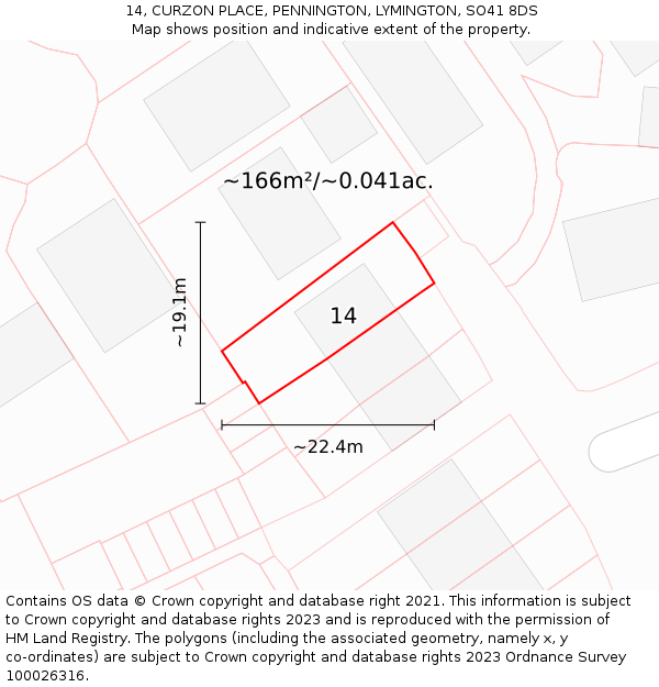 14, CURZON PLACE, PENNINGTON, LYMINGTON, SO41 8DS: Plot and title map