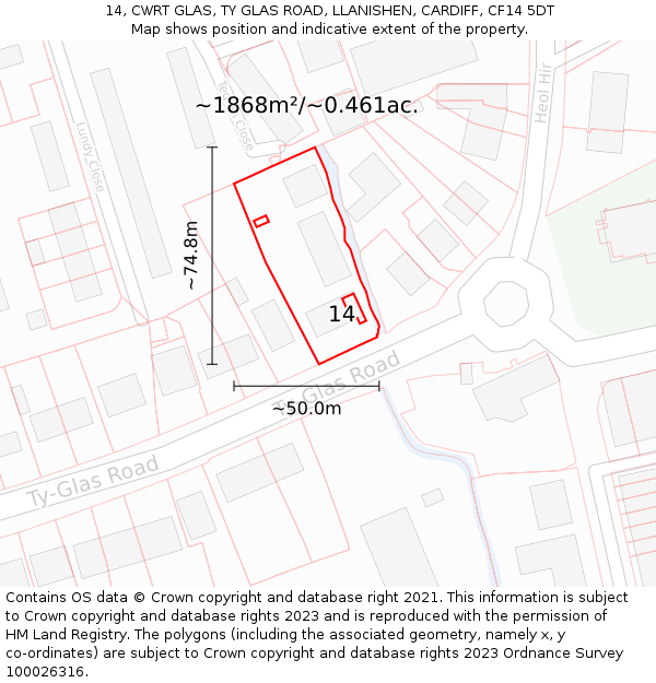 14, CWRT GLAS, TY GLAS ROAD, LLANISHEN, CARDIFF, CF14 5DT: Plot and title map