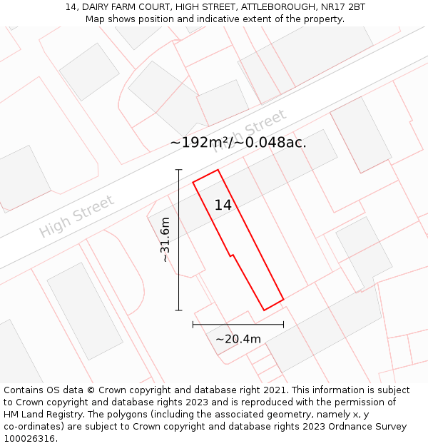 14, DAIRY FARM COURT, HIGH STREET, ATTLEBOROUGH, NR17 2BT: Plot and title map