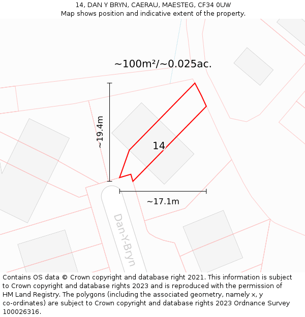 14, DAN Y BRYN, CAERAU, MAESTEG, CF34 0UW: Plot and title map