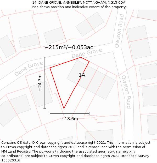 14, DANE GROVE, ANNESLEY, NOTTINGHAM, NG15 0DA: Plot and title map