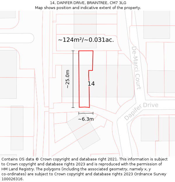 14, DAPIFER DRIVE, BRAINTREE, CM7 3LG: Plot and title map