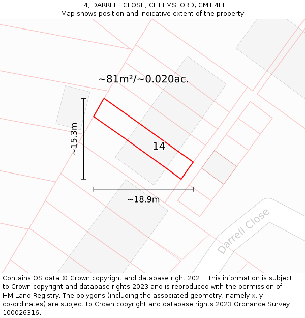 14, DARRELL CLOSE, CHELMSFORD, CM1 4EL: Plot and title map
