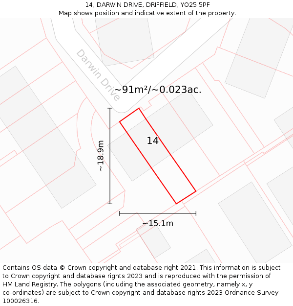14, DARWIN DRIVE, DRIFFIELD, YO25 5PF: Plot and title map