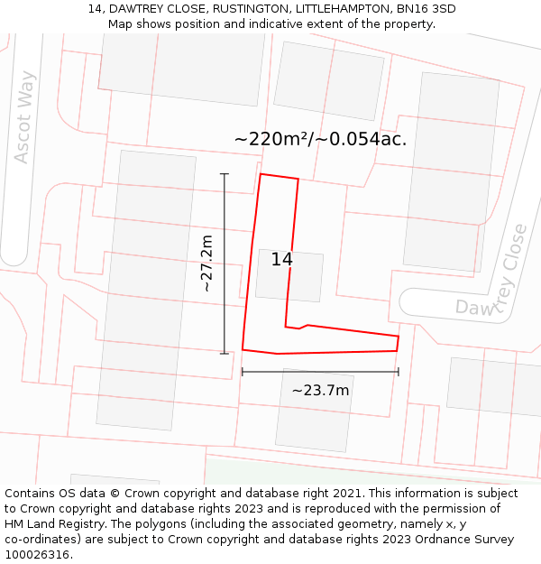 14, DAWTREY CLOSE, RUSTINGTON, LITTLEHAMPTON, BN16 3SD: Plot and title map
