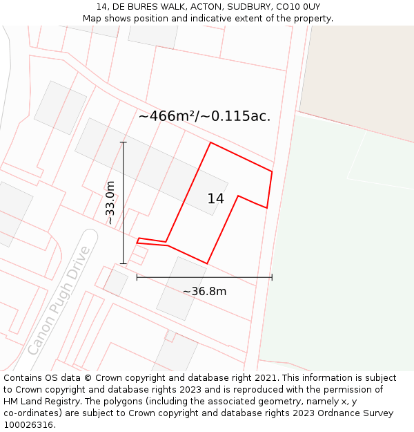 14, DE BURES WALK, ACTON, SUDBURY, CO10 0UY: Plot and title map