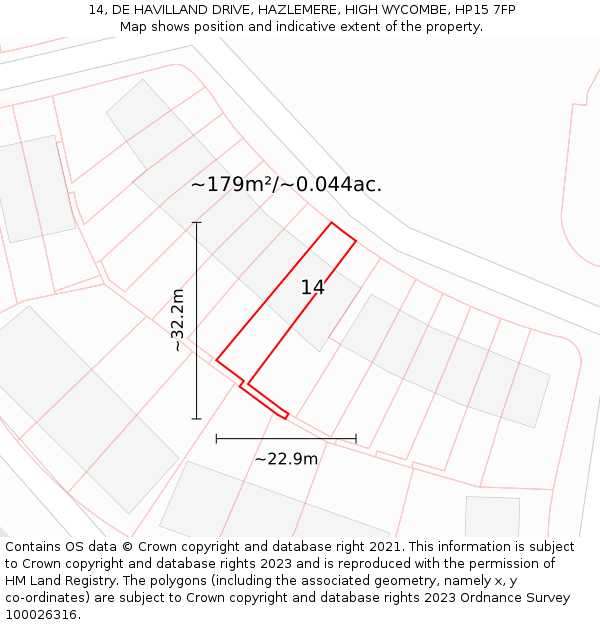14, DE HAVILLAND DRIVE, HAZLEMERE, HIGH WYCOMBE, HP15 7FP: Plot and title map