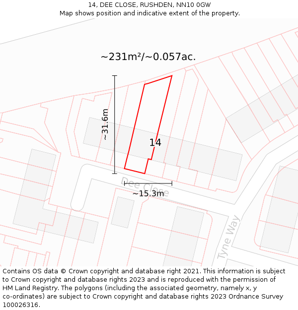14, DEE CLOSE, RUSHDEN, NN10 0GW: Plot and title map