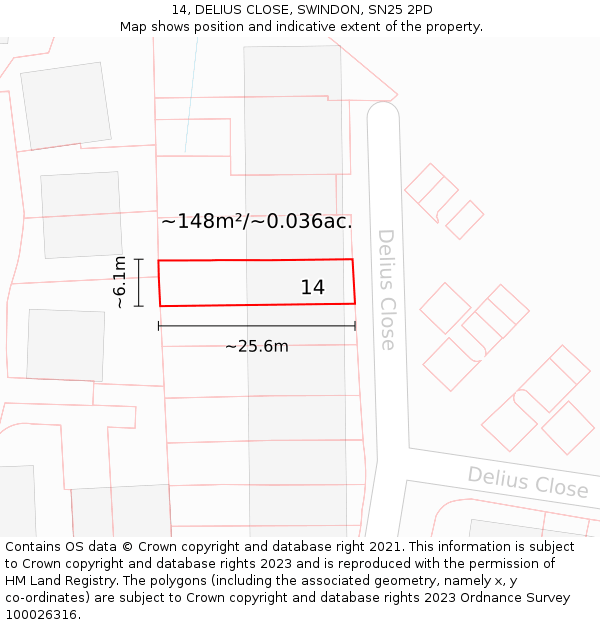 14, DELIUS CLOSE, SWINDON, SN25 2PD: Plot and title map