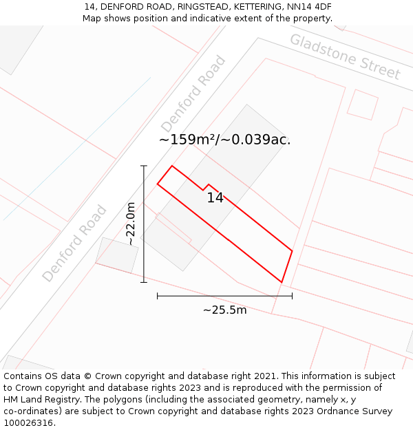 14, DENFORD ROAD, RINGSTEAD, KETTERING, NN14 4DF: Plot and title map