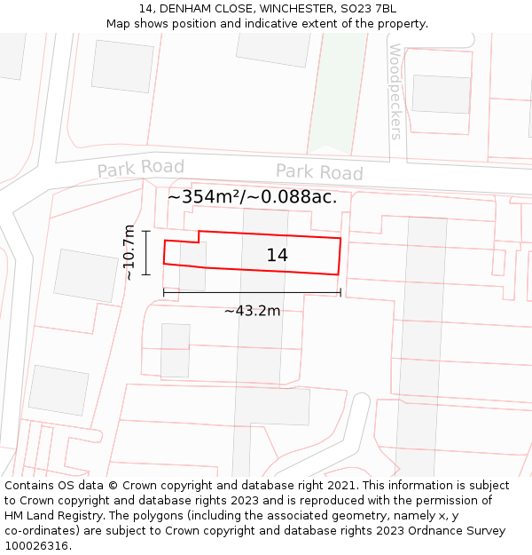 14, DENHAM CLOSE, WINCHESTER, SO23 7BL: Plot and title map