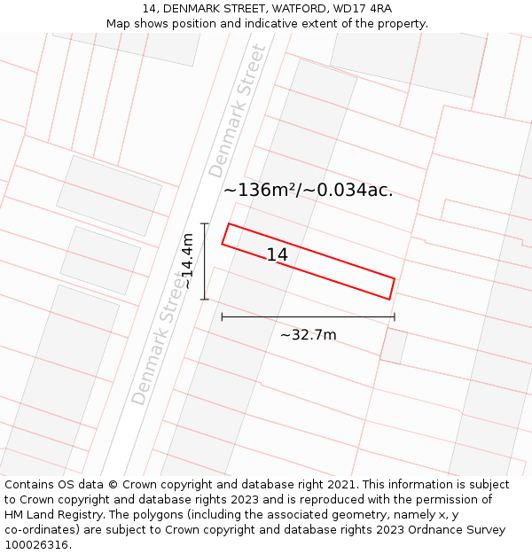 14, DENMARK STREET, WATFORD, WD17 4RA: Plot and title map