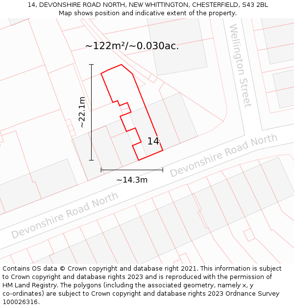 14, DEVONSHIRE ROAD NORTH, NEW WHITTINGTON, CHESTERFIELD, S43 2BL: Plot and title map