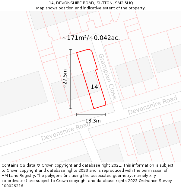 14, DEVONSHIRE ROAD, SUTTON, SM2 5HQ: Plot and title map