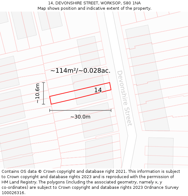 14, DEVONSHIRE STREET, WORKSOP, S80 1NA: Plot and title map