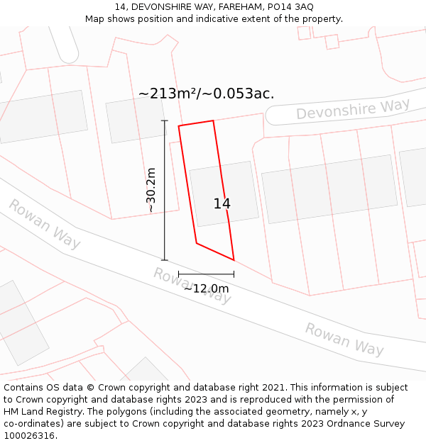 14, DEVONSHIRE WAY, FAREHAM, PO14 3AQ: Plot and title map