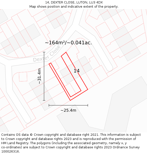 14, DEXTER CLOSE, LUTON, LU3 4DX: Plot and title map