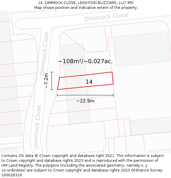 14, DIMMOCK CLOSE, LEIGHTON BUZZARD, LU7 4RY: Plot and title map