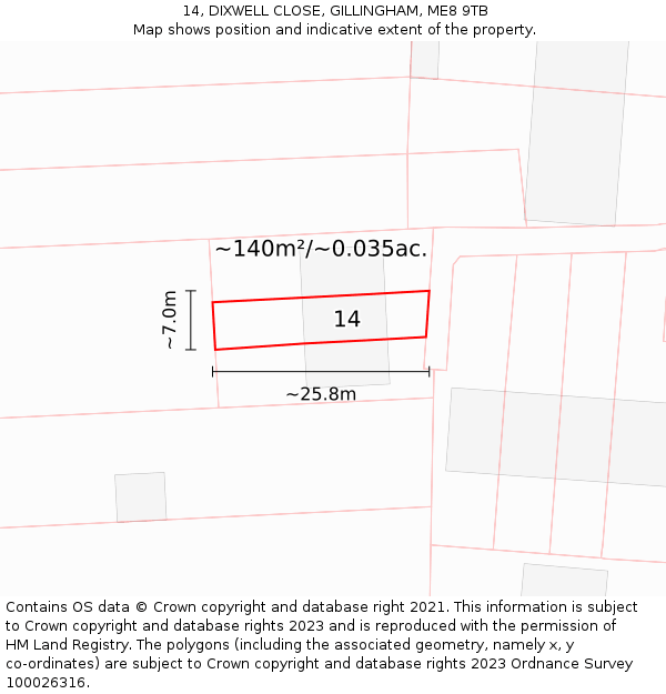 14, DIXWELL CLOSE, GILLINGHAM, ME8 9TB: Plot and title map