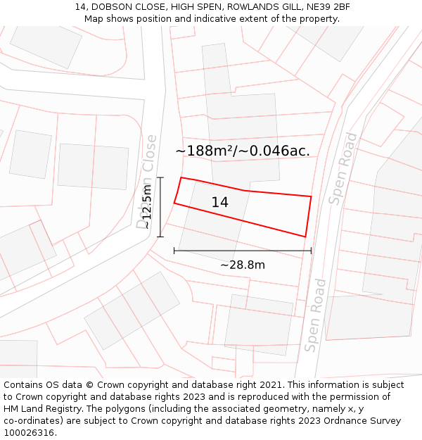14, DOBSON CLOSE, HIGH SPEN, ROWLANDS GILL, NE39 2BF: Plot and title map