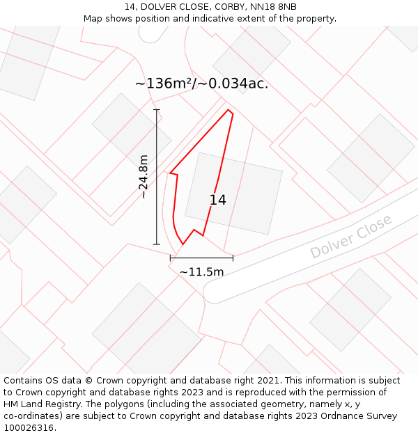 14, DOLVER CLOSE, CORBY, NN18 8NB: Plot and title map
