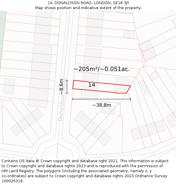 14, DONALDSON ROAD, LONDON, SE18 3JY: Plot and title map