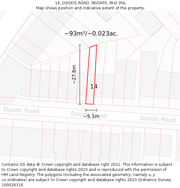 14, DOODS ROAD, REIGATE, RH2 0NL: Plot and title map