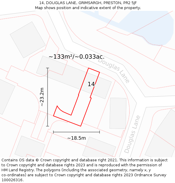 14, DOUGLAS LANE, GRIMSARGH, PRESTON, PR2 5JF: Plot and title map