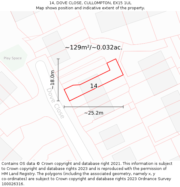 14, DOVE CLOSE, CULLOMPTON, EX15 1UL: Plot and title map