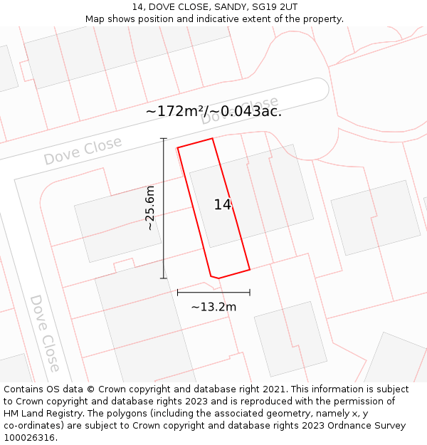 14, DOVE CLOSE, SANDY, SG19 2UT: Plot and title map