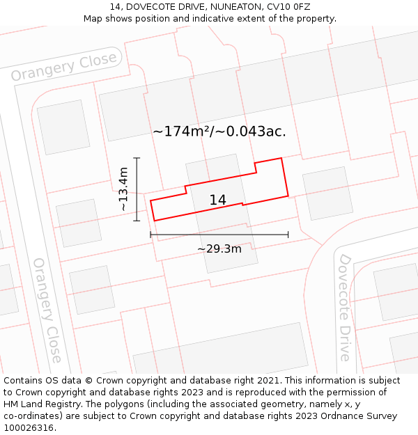 14, DOVECOTE DRIVE, NUNEATON, CV10 0FZ: Plot and title map