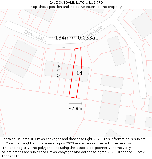 14, DOVEDALE, LUTON, LU2 7FQ: Plot and title map