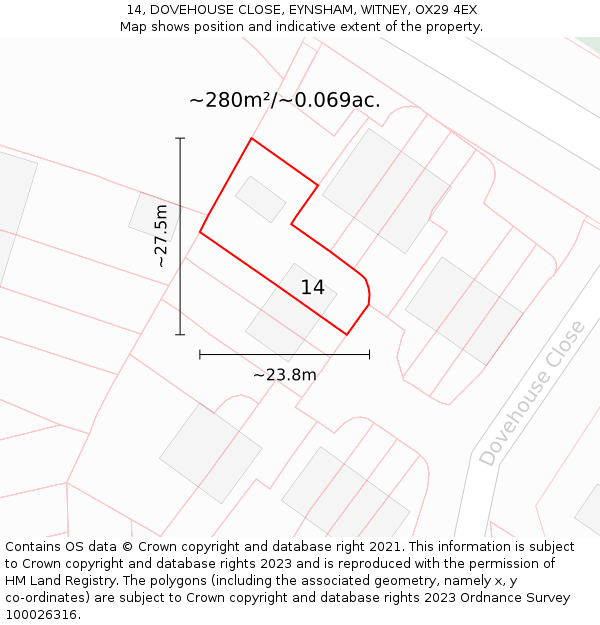 14, DOVEHOUSE CLOSE, EYNSHAM, WITNEY, OX29 4EX: Plot and title map