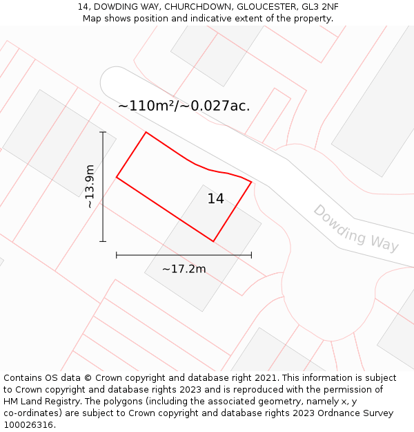 14, DOWDING WAY, CHURCHDOWN, GLOUCESTER, GL3 2NF: Plot and title map