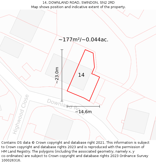 14, DOWNLAND ROAD, SWINDON, SN2 2RD: Plot and title map